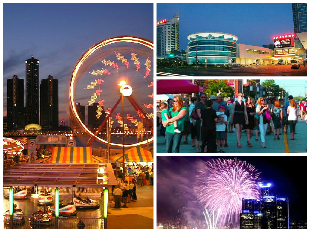 Collage showing riverfront fireworks, festivals, and Caesars Windsor