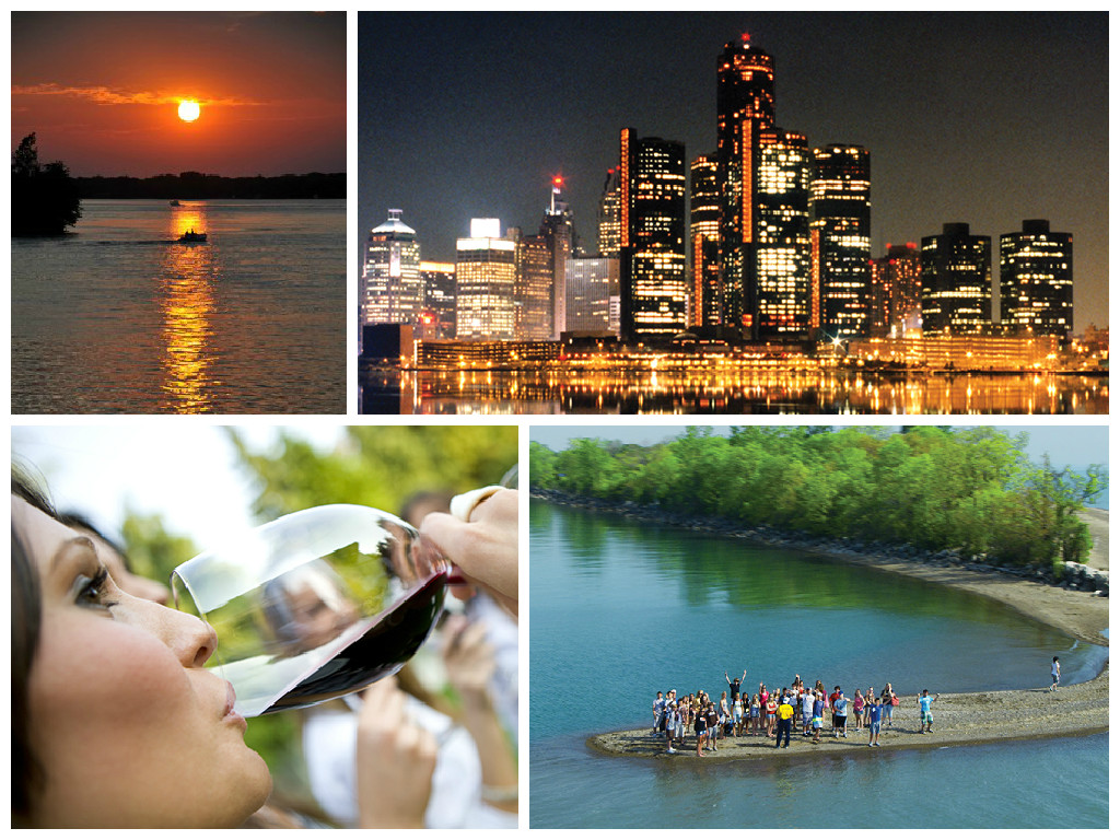 Collage with sunset, Detroit skyline, winery and Point Pelee
