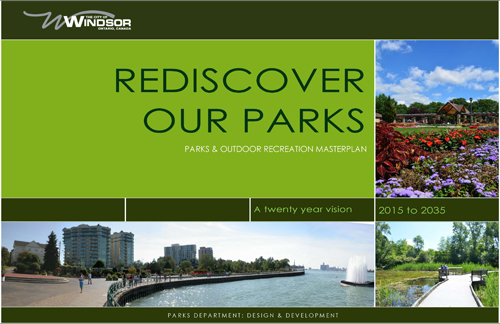 Rediscover our Parks cover page, including collage of flowers in bloom, the riverfront and Peace Fountain, and a boardwalk over a pond