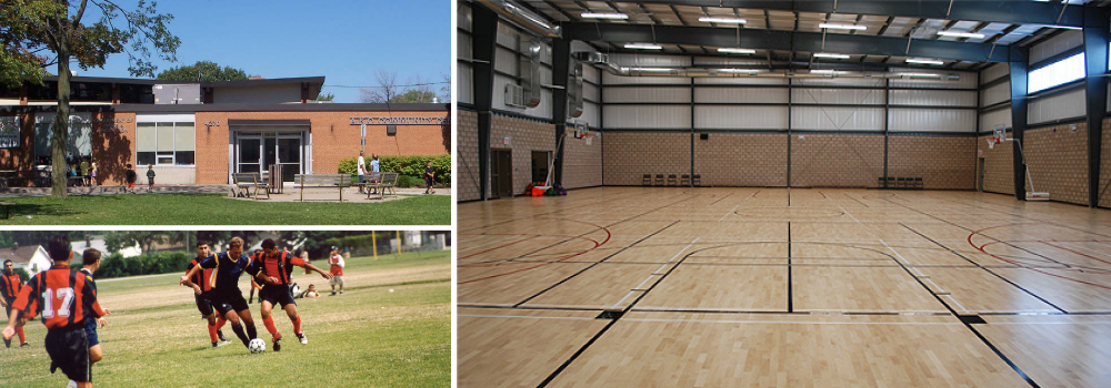 Collage of John Atkinson Memorial Community Centre front entrance, outdoor soccer and indoor basketball court