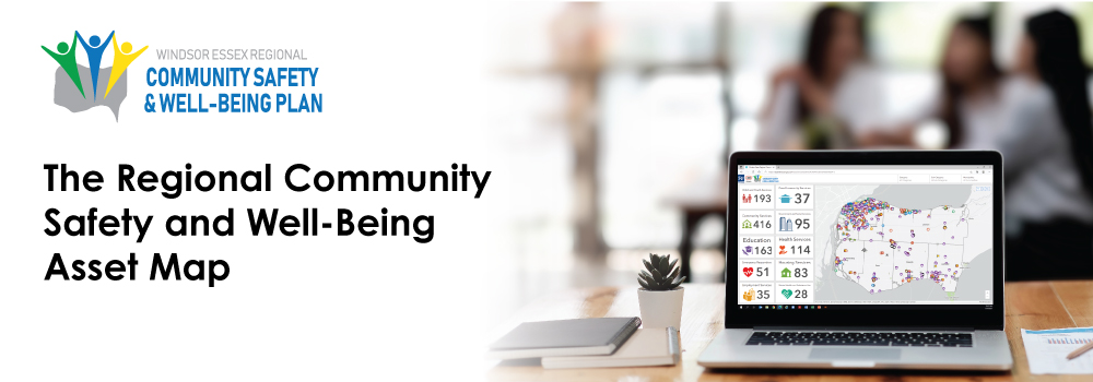 Map on a laptop and words, The Regional Community Safety and Well-Being Asset Map