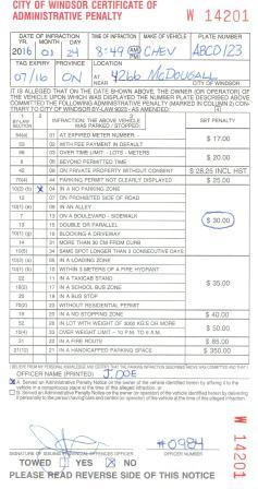 Sample handwritten ticket - front