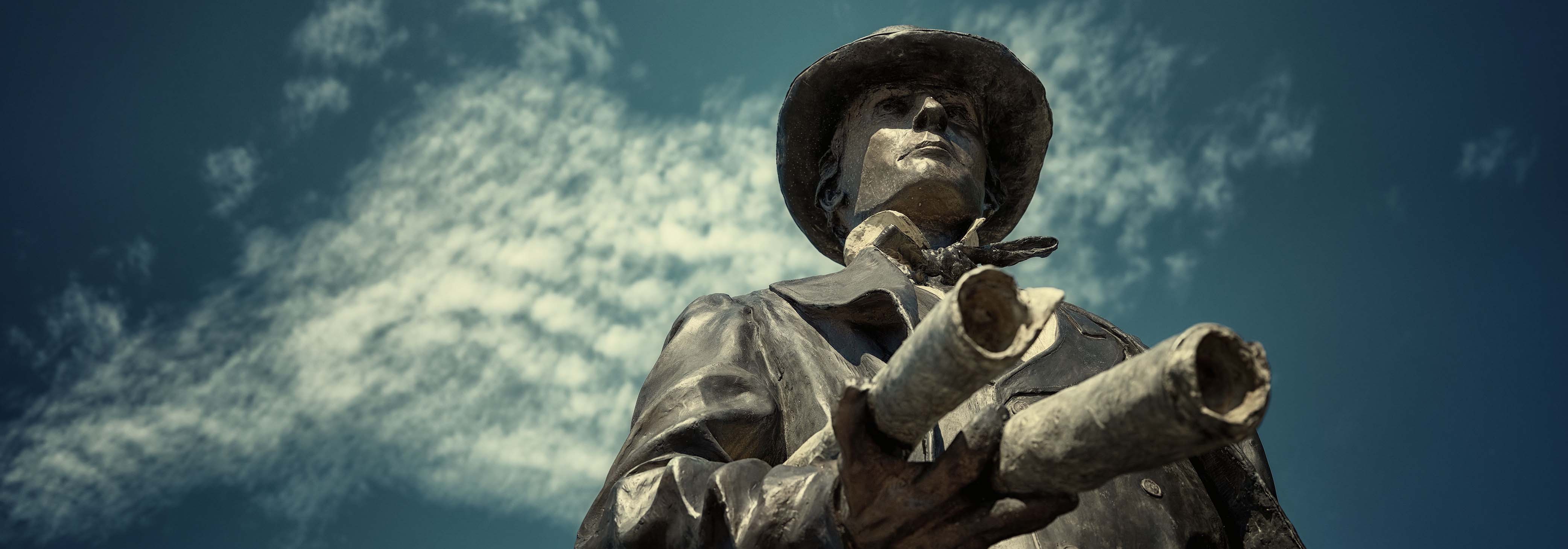 Closeup photograph of the Hiram Walker bronze sculpture
