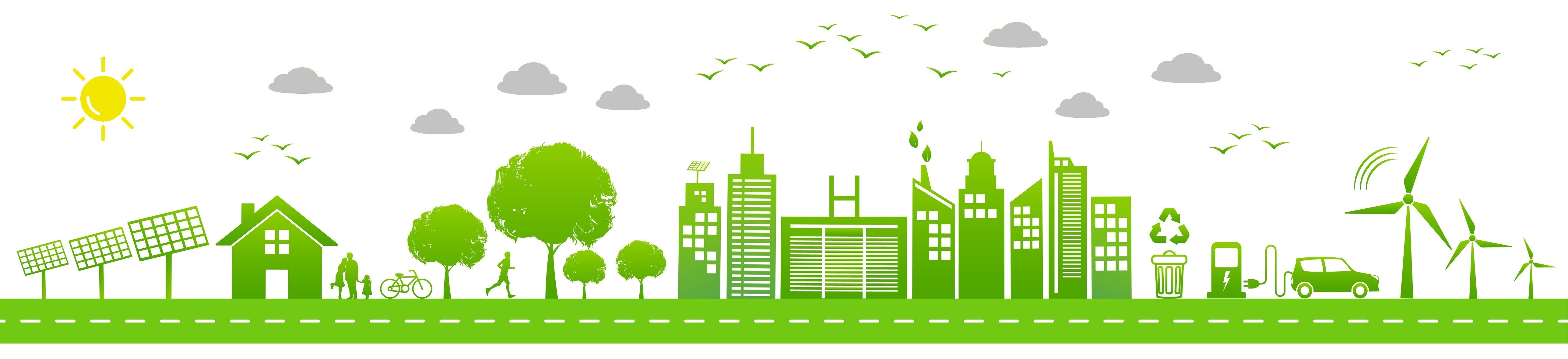 Sunny cartoon of a sustainable city, including solar panels, houses and buildings, a family, a bicycle, a jogger, trees, recycling, electric vehicle charging and windmills
