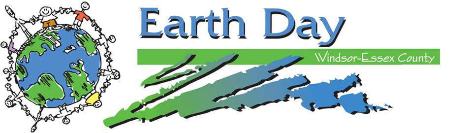 Earth Day Windsor-Essex County logo with drawing of people holding hands around the globe