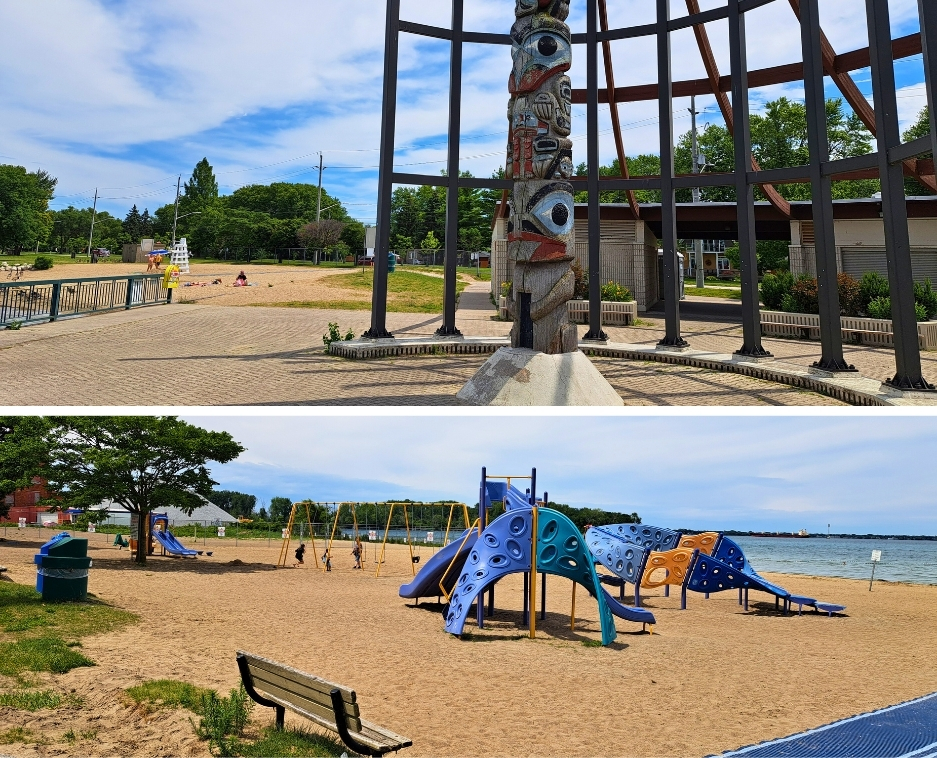 Collage of Sandpoint Beach Park totem and playground