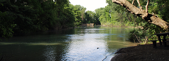 Picnic table next to a treelined canal on Peche Island