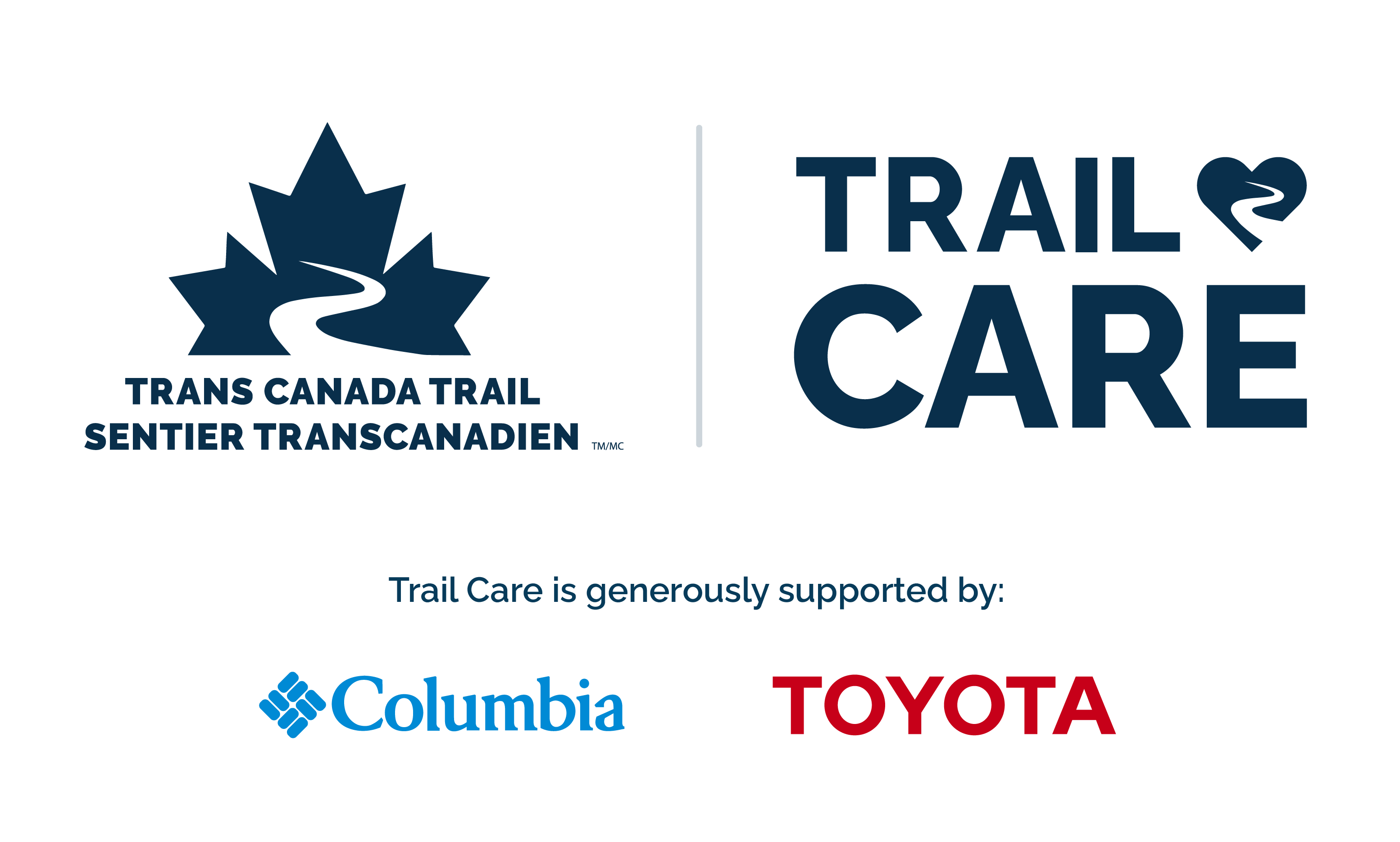 Logos for Trans Canada Trail, Trail Care and generous sponsors Columbia and Toyota