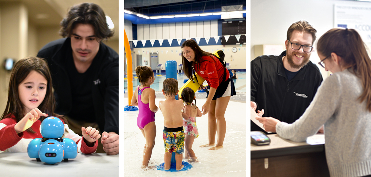Main Page Image Image of instructor teaching child science, technology, engineering and mathematics (STEM) class, lifeguard speaking with three young children in an indoor splashpad, and front desk attendant helping a customer