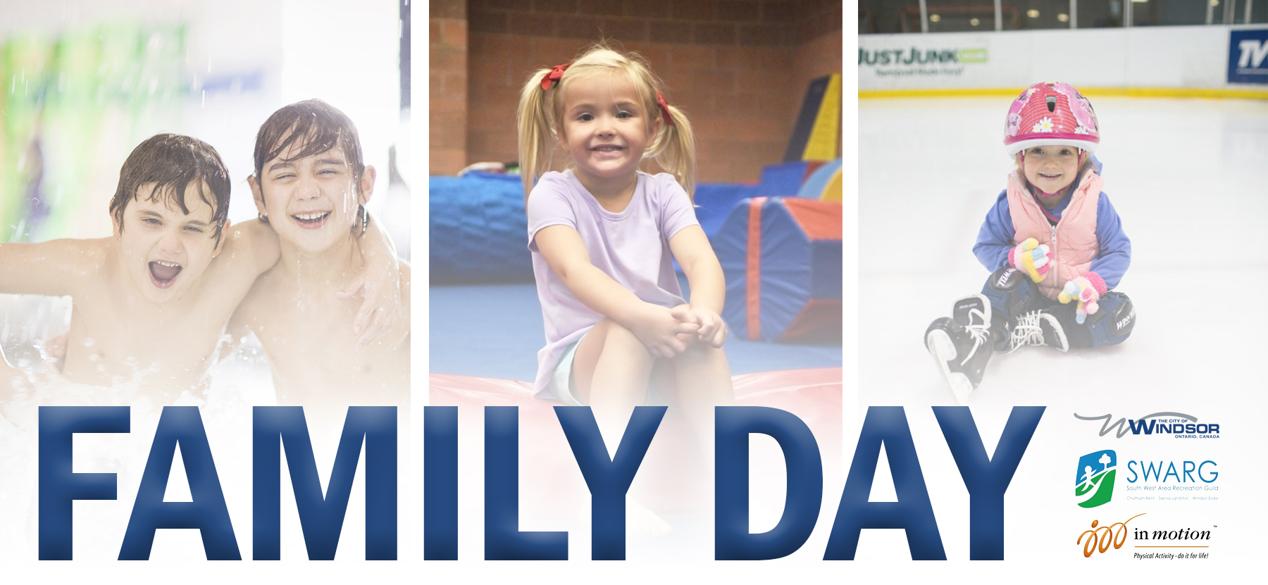 Two children splashing in water, toddler in gymnastics space, toddler on skating rink, and logos for City of Windsor, SWARG and In Motion