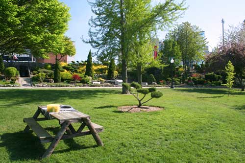 Picnic table and garden in a riverfront park