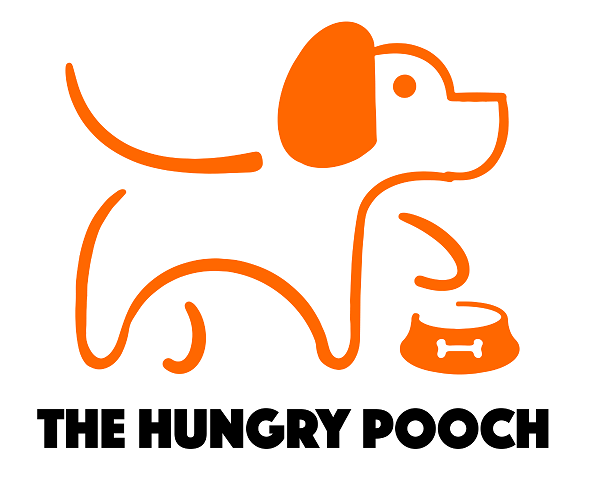 drawing of dog with bowl. Words, The Hungry Pooch