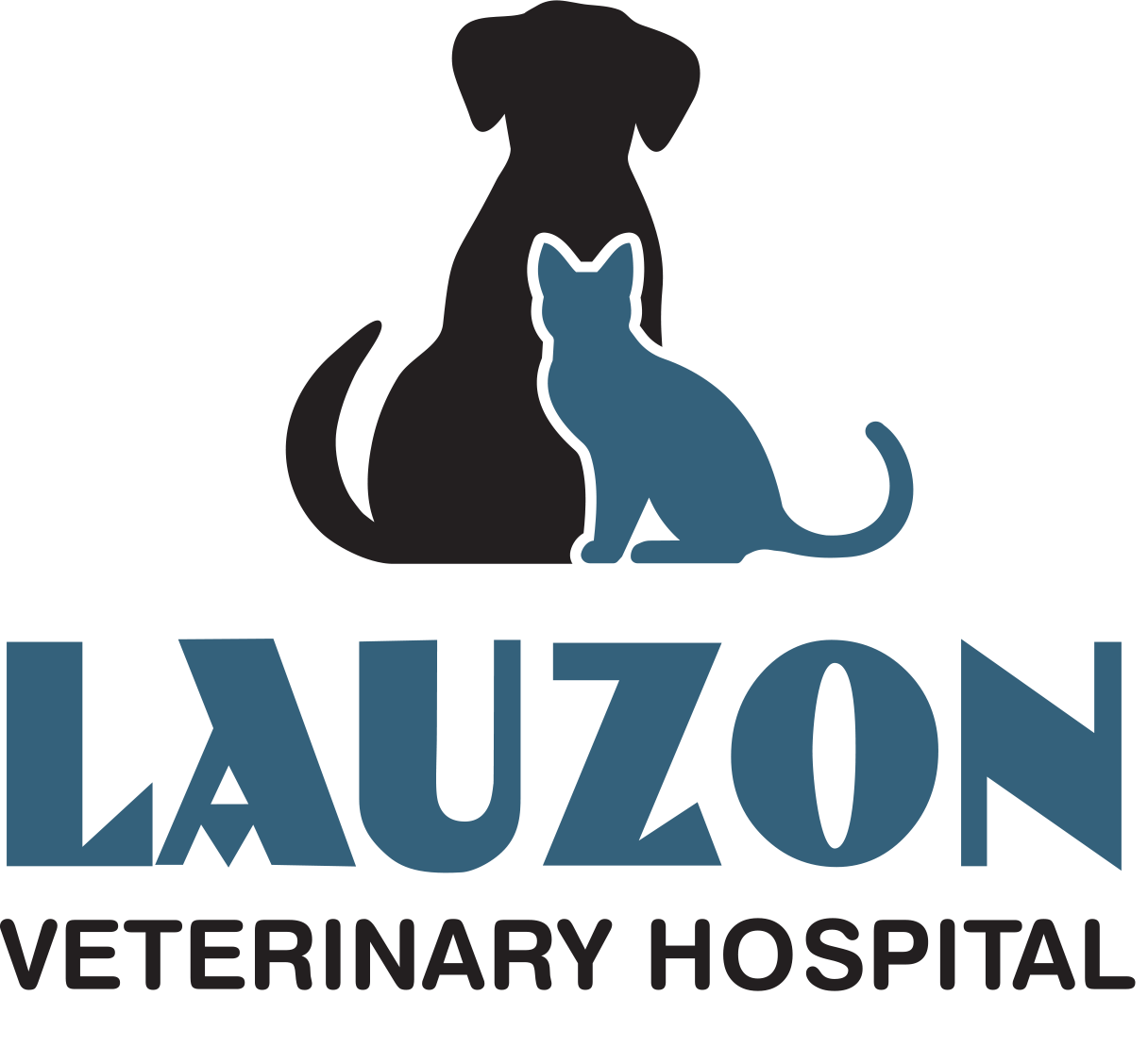 Silhouette of cat and dog. Words, Lauzon Veterinary Hospital