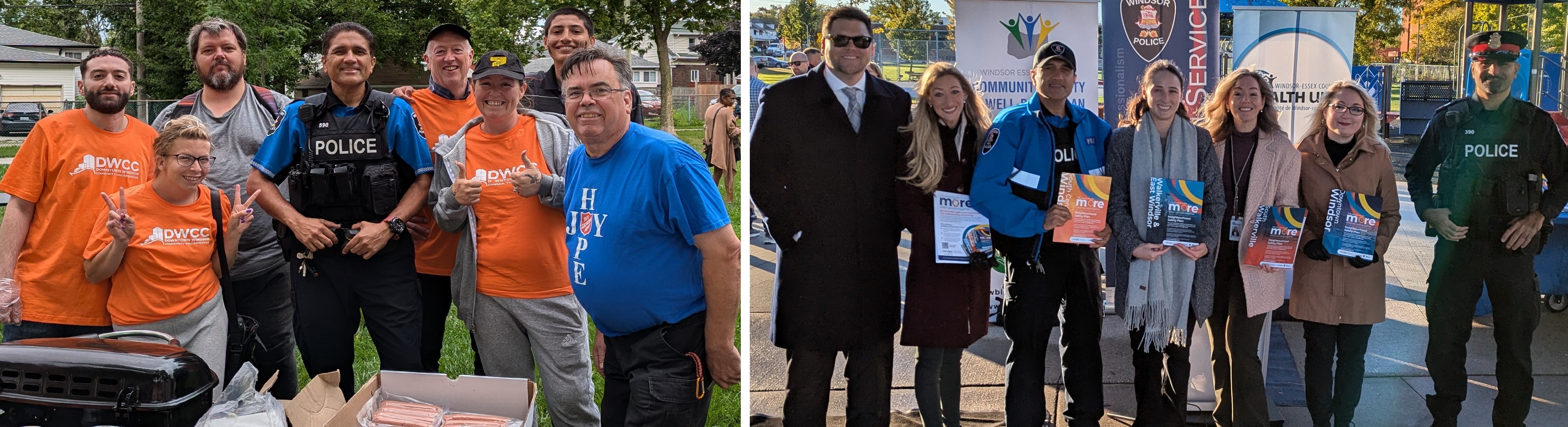 2024 SSNAPP Group Photo Collage with a photo featuring individuals, including Downtown Windsor Community Collaborative volunteers and a Windsor Police Officer, barbequing; and a photo that features seven individuals outside holding Neighbourhood Safety Plans, two of whom are Windsor Police Service officers