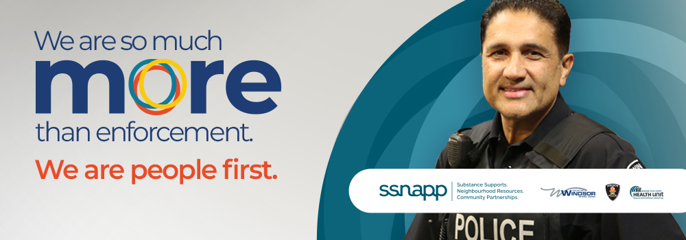 SSNAPP main page banner SSNAPP banner with police officer and words, We are so much more than enforcement. We are people first.