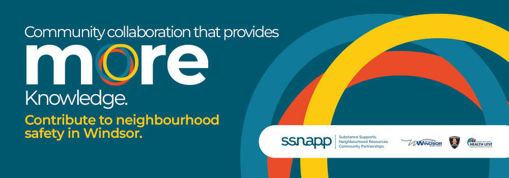 SSNAPP More Knowledge Banner Banner that says, Community collaboration that provides more knowledge. Contribute to neighbourhood safety in Windsor. Banner includes SSNAPP logo.