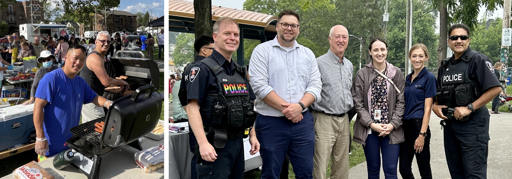 SSNAPP group photo Collage with a photo featuring two individuals barbequing; and a photo that features six individuals outside, two of whom are Windsor Police Service officers