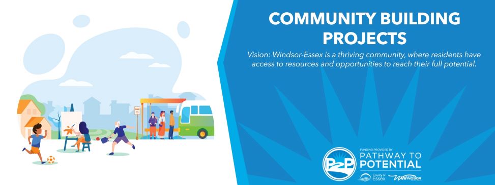 Drawing of people participating in recreational activities and people waiting for the bus, and statement of the P2P vision that Windsor-Essex is a thriving community, where residents have access to resources and opportunities to reach their full potential.