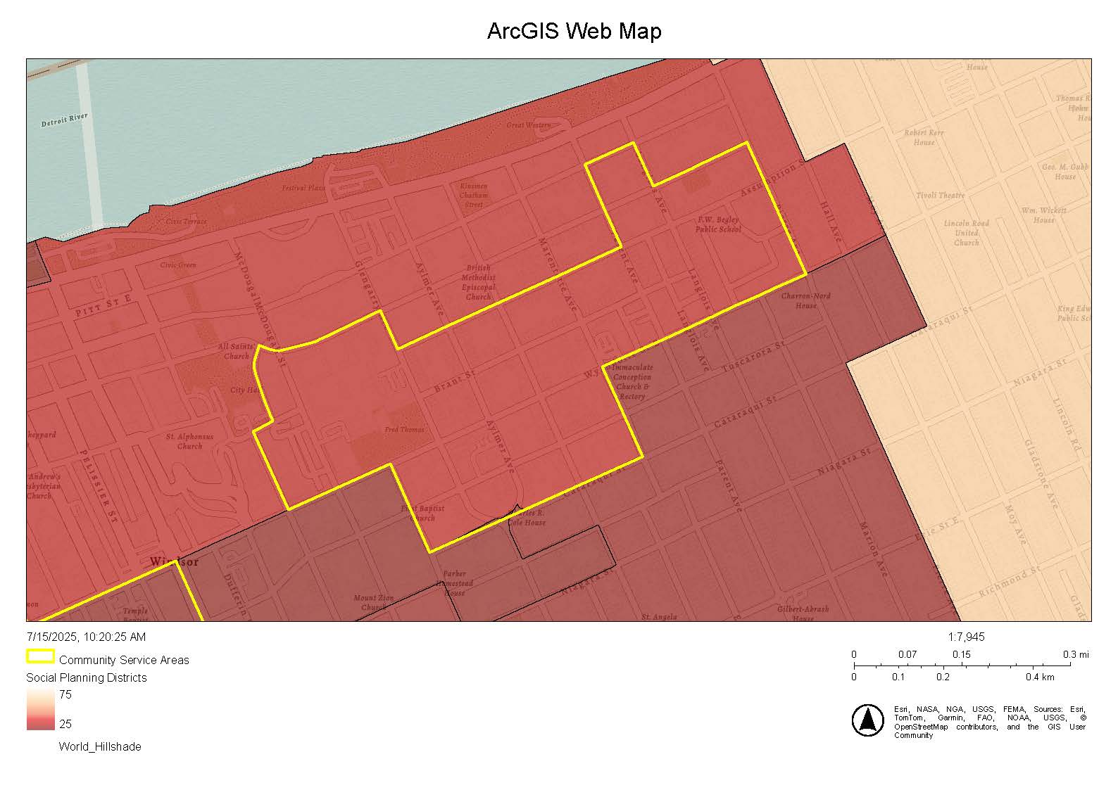 Map showing the borders of the Downtown Windsor East Neighbourhood area
