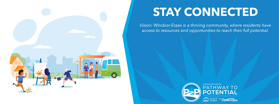 Drawing of people participating in recreational activities and people waiting for the bus, and statement of the P2P vision that Windsor-Essex is a thriving community, where residents have access to resources and opportunities to reach their full potential