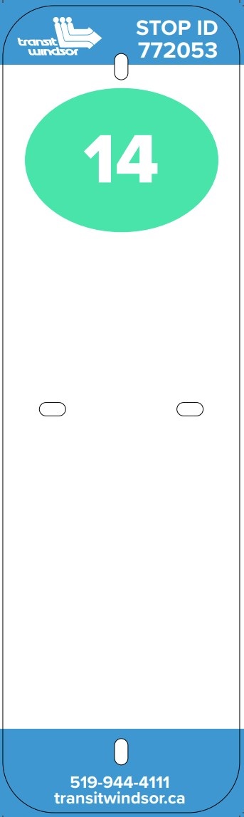 Bus Stop Sign sample with green route 14 indicator, bus stop I.D. 772053, phone number 519-944-4111 and web address transitwindsor.ca